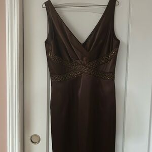 Eliza j brown dress with gold details. Worn once. Satin. Size 10.